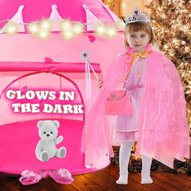 WTOR 15Pcs Princess Castle Play Tent Dress Up with LED Glow in The Dark Stars for Little Girls－Princess Dress Up Cape with Crown,Girl Play Tent/House Toy for Indoor & Outdoor Use (Pink)