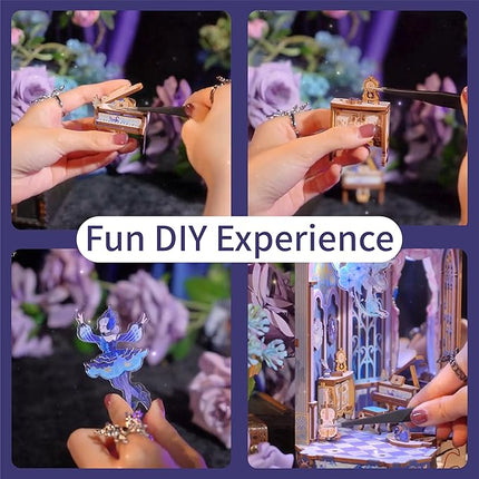 Tonecheer DIY Book Nook Kit for Adults, 3D Wooden Puzzle Music Box Bookend, Rotation Miniature House Booknook Bookshelf Insert Decor with Dust Cover and LED Light (Swan Dream)