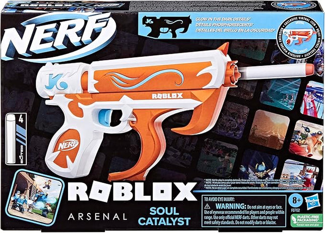 Nerf Roblox Arsenal: Soul Catalyst Dart Blaster, Includes Code to Redeem Exclusive Virtual Item, 4 Elite Nerf Darts, Outdoor Games