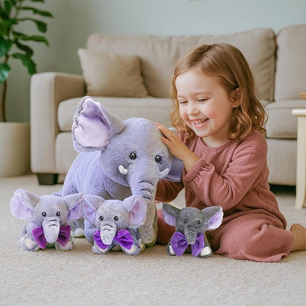 IKASA Mommy Elephant Stuffed Animal Mom and Baby Plush Toy, Cute 17" Soft Small Mama Family Set Cuddly Toy with Little Mini Babies,Gifts for Kids