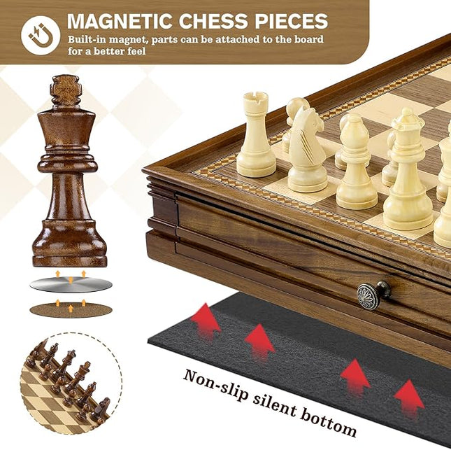 Peradix Magnetic Chess Checkers Board Sets with 2 Built-in Storage Drawers,15" Classic 2 in 1 Wooden Games with 2 Extra Queens for Kids and Adults,Travel Portable Chess Game Set