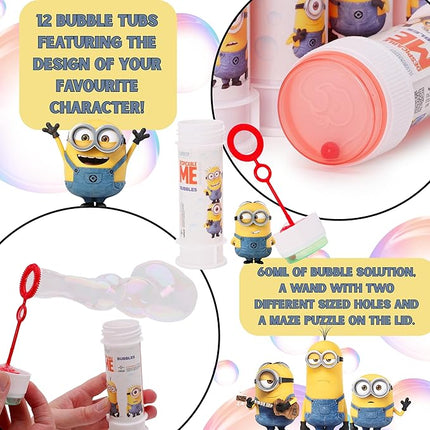 Toyland® Pack of 12 Minions Bubbles with Wands, 60ml Solution & Novelty Maze Lid - Pocket Money & Party Bag Toys