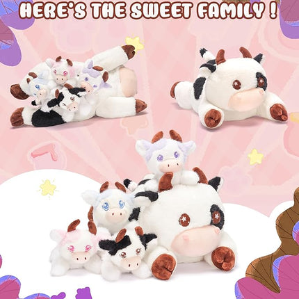 IKASA Mommy Cow Stuffed Animal Mom and Baby Plush, 15" Cute Soft Mama Family Set Cuddly Toy with Little Mini Babies,Gifts for Kids