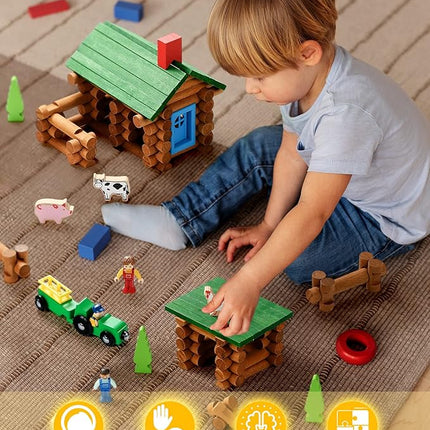 SainSmart Jr. Wooden Log Cabin Set Farm Building House Toy for Toddlers, 122 PCS Classic STEM Construction Kit with Colorful Wood Logs Blocks for 3+ Years Old