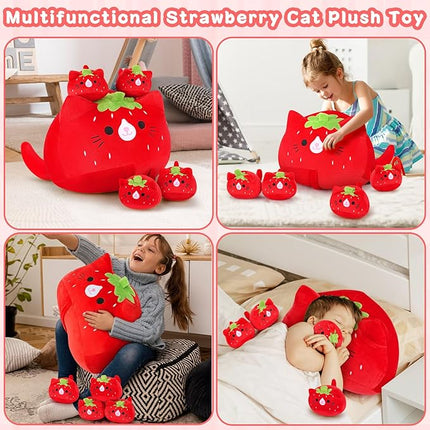 5 PCS Strawberry Cat Plush Stuffed Animal Family-19" Soft Strawberry Cat Plush, Large Mommy Plushies with 4 Baby Kittens Plushies, Kawaii Plushie Toy Christmas Birthday Gifts for Kids Boys