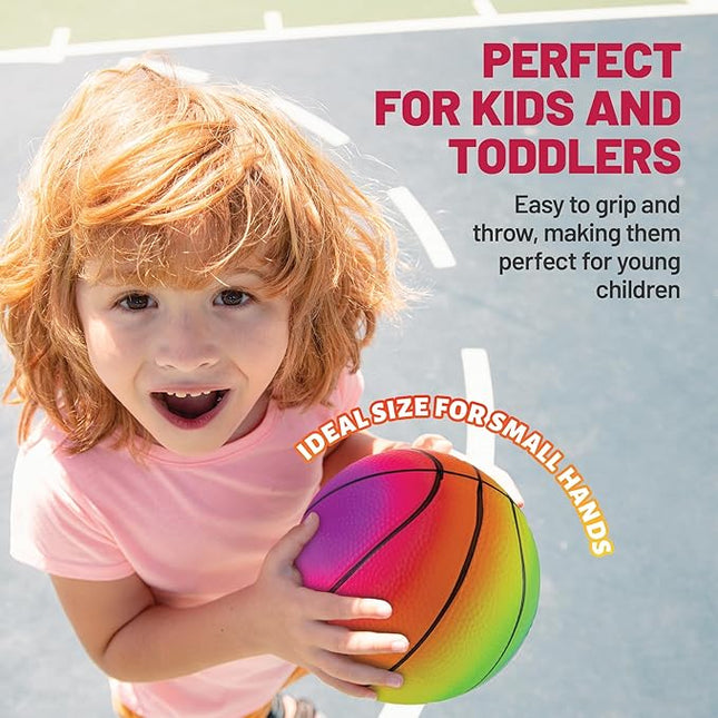 Bedwina Mini Rainbow Sports Balls - 5 Inch (Pack of 4) Inflatable Vinyl Balls for Kids and Toddlers with Hand Air Pump, Basketball, Volleyball, Soccer for Playground, Indoor and Outdoor