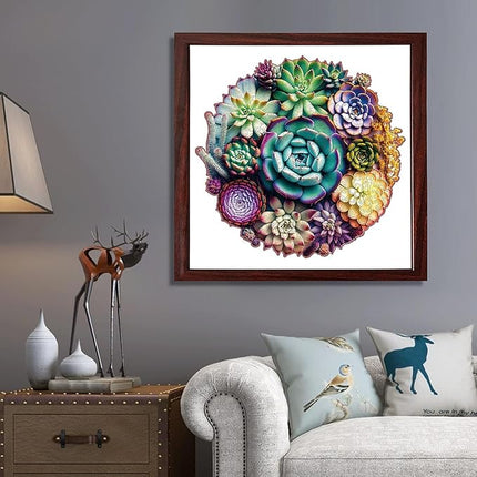 Mys Aurora Unique Wooden Jigsaw Puzzles - Mandala Succulent Plants, 500 Pcs King Size 16.9'' x 16.3'', Luxurious Shaped Wood Puzzle, Beautiful Package, Best Gift for Adults and Kids, Family Game