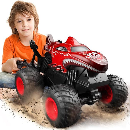 BEZGAR Monster Truck Toys - Remote Control Monster Truck with Light & Music, Dinosaur Toys for Kids, 1:20 Scale RC Truck with 360° Spins and Drifting, Remote Control Car for Boys 4-7 Red