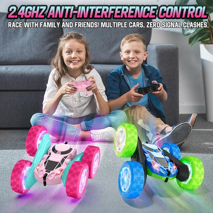 Pink Remote Control Car for Girls,Double Sided 360°Flip, with Headlights, Girl Princess Toys Rechargeable Toy Car for 6-7 6-8 9 10-12 Year Old Girls Birthday