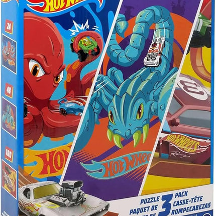 Hot Wheels 3 Pack Kids Puzzles (1X24PC, 1X 48PC, 1X100PC)