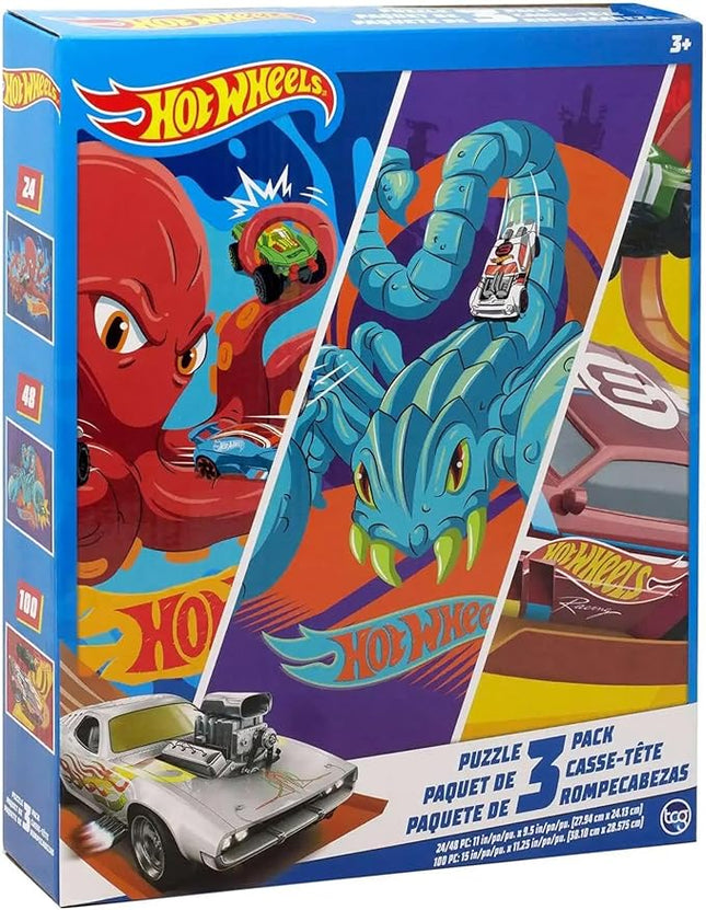 Hot Wheels 3 Pack Kids Puzzles (1X24PC, 1X 48PC, 1X100PC)