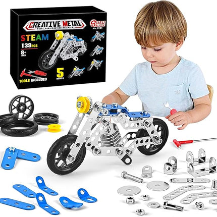 Creative Set Motorcycle,Stem Building Projects Toys for Kids 8 9 10 11 12+ Year Old,Metal Building Construction Model kit, 5 in 1 Motobike Building Blocks Steam Educational Toys(139PCS)