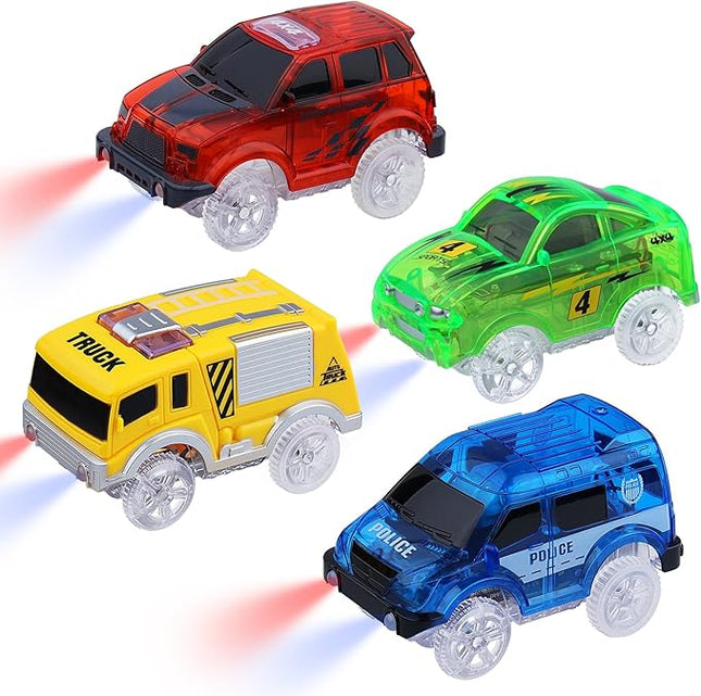 Tracks Cars 4PCS Magic LED Light-up Track Car Replacement Only,Flex Race Cars Glow in The Dark with 5 Flashing LED Lights Fits Most Tracks,Perfect Car Toys for 3-8 Kids,Boys&Girls