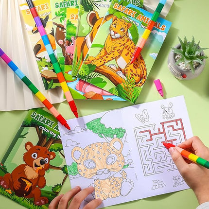 BenLouis 24 Pcs Jungle Safari Mini Coloring Books Kids Zoo Animals Party Favors Small Activity Books Bulk for Kids Wild One Birthday Goodie Bags Stuffers Return Gifts Classroom Travel