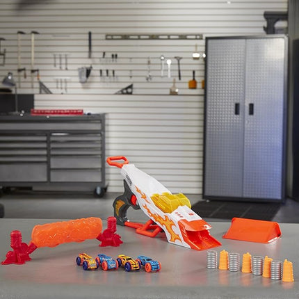 Nerf Doubleclutch Inferno Nitro Toy Includes Blaster, 4 Foam Body Cars, Double Reactive Target, Double Ramp, & 8 Obstacles for Kids 5 Years Old & Up