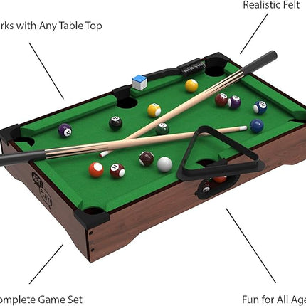 Mini Pool Table - 20-Inch Portable Tabletop Billiards Game with Cue Balls, Sticks, Chalk, Brush, and Triangle Rack - Table Games by Hey Play