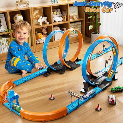 Toy Car Track Set for Boys Kids Age 3-5 4-7 8-12, Long Race Tracks with 4 Action Loops and 4 High-Speed Slot Cars, 35+ Pieces of Race Track to Create Multiple Configurations