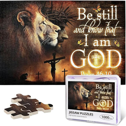 Christian Jigsaw Puzzles 1000 Pieces for Adults, Be Still and Know That I Am God Bible Verse with Lion, Religious Wooden Puzzle for Stress Relief, Faith-Based Gift & Wall Decor