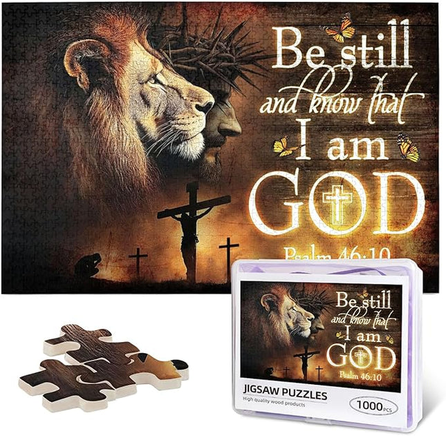 Christian Jigsaw Puzzles 1000 Pieces for Adults, Be Still and Know That I Am God Bible Verse with Lion, Religious Wooden Puzzle for Stress Relief, Faith-Based Gift & Wall Decor