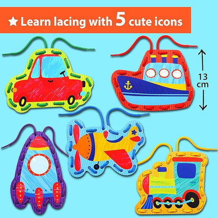 KRAFUN Preschool Beginner First Lacing Card Kit for Kids Training Arts & Crafts, 5 Easy Transport and Cars Lacing Projects, Craft Paper Cards for Toddlers, Fine Motor Skills Toys