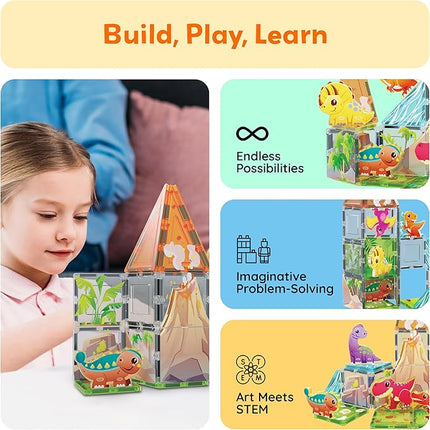 PicassoTiles 38pcs Magnet Tiles Building Blocks Dinosaur Theme Set with 8 Magnetized Action Figures Magnetic Construction Build and Play Toy with Magnets STEM Learning Activities for Toddlers 3+ PTQ13