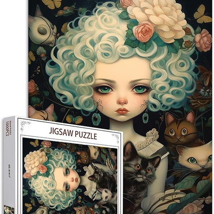 Curly-haired Doll and Cat Jigsaw Puzzle Cool Dolls Girl 1000 Piece Jigsaw Puzzles for Adults Challenging Family Activity Games Colorful DIY for Home Decor 20 x 27 Inch