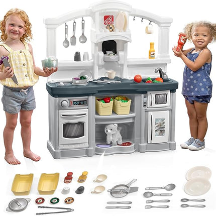 Step2 Fun with Friends Kids Kitchen Playset, Indoor/Outdoor Kitchenette, Interactive Play with Lights and Sounds, Durable Plastic, Includes 25 Piece Toy Accessories, Toddlers 2+ Years Old, Gray