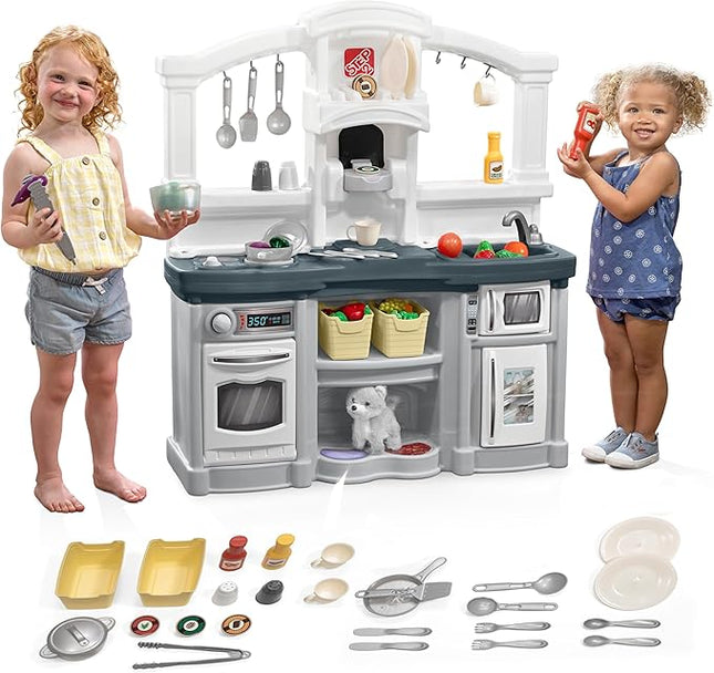 Step2 Fun with Friends Kids Kitchen Playset, Indoor/Outdoor Kitchenette, Interactive Play with Lights and Sounds, Durable Plastic, Includes 25 Piece Toy Accessories, Toddlers 2+ Years Old, Gray