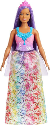 Barbie Dreamtopia Royal Fashion Doll with Curvy Body, Purple Hair & Sparkly Bodice Wearing Removable Skirt, Shoes & Headband Accessory