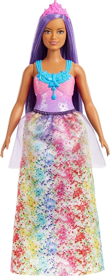 Barbie Dreamtopia Royal Fashion Doll with Curvy Body, Purple Hair & Sparkly Bodice Wearing Removable Skirt, Shoes & Headband Accessory