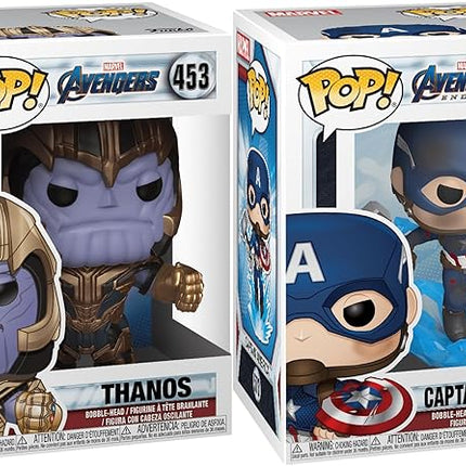 Funko Pop! Marvel: Avengers Endgame 2-Pack – Thanos (#453) with Infinity Gauntlet & Captain America (#573) with Mjolnir & Broken Shield
