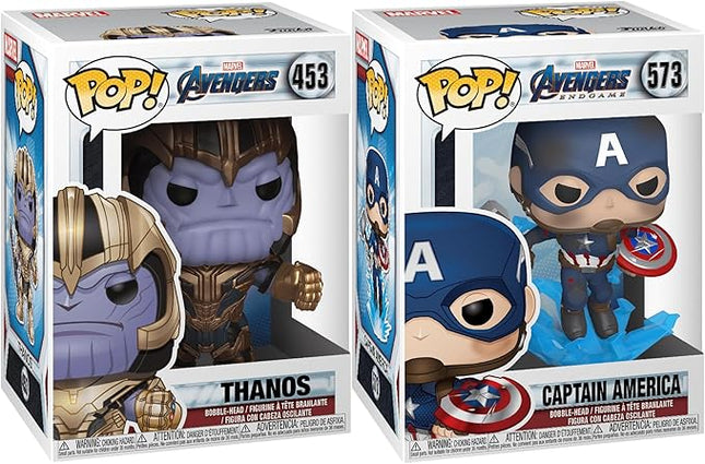 Funko Pop! Marvel: Avengers Endgame 2-Pack – Thanos (#453) with Infinity Gauntlet & Captain America (#573) with Mjolnir & Broken Shield