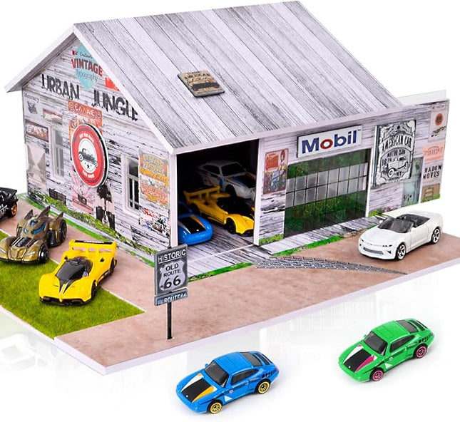 1/64 Diorama,Display Case for Hot Wheels Garage with LED,Storage Case Compatible with Hot Wheels&Matchbox Cars,1/64 Scale Diecast Car Display, Warehouse Scene (NO Cars)