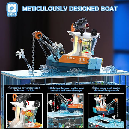 Fish Tank Building Blocks Set - 830PCS Ocean Treasure Hunt Building Set with Adventure Boat, Shark, Jellyfish & Coral Reef, STEM Toys Halloween for Teens Adults