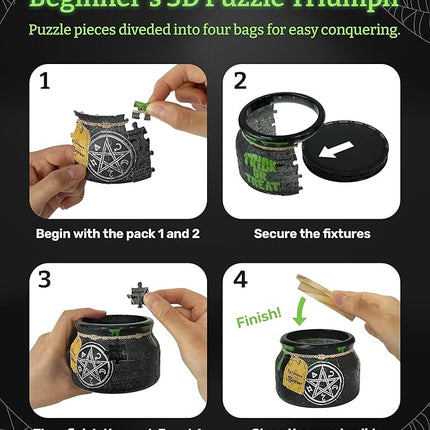PieceRelax 3D Puzzle Jar 64 Plastic Pieces for Adults - Witches Brew - Wooden Lid Container for Kitchen Dining Study Living Room No Glue Requied Small [BC1022]