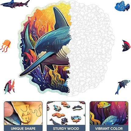 Wooden Puzzles for Adults, Shark Ocean Jigsaw Puzzles 200 Pieces Unique Shape Adult Puzzles, Irregular Wood Puzzles Creative Gift for Adults Family Game(11.1x11.2in)