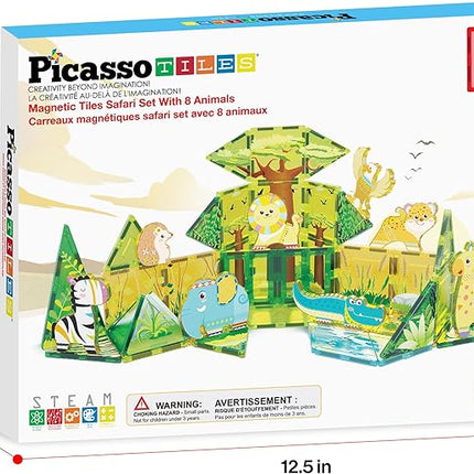PicassoTiles Magnet Tile Building Block Safari Themed Set with 8 Compatible Magnetized Animal Action Figures Build Blocks Toddler Creativity Toys STEAM Educational Learning Skills Ages 3+ PTQ12