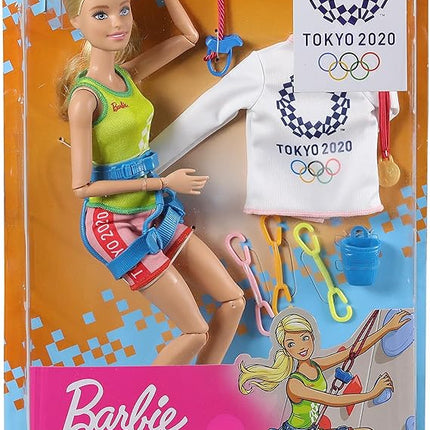 Barbie Olympic Games Tokyo 2020 Sport Climber Doll with Uniform, Tokyo 2020 Jacket, Medal, Harness, Weight and Climbing Clips for Ages 3 and Up