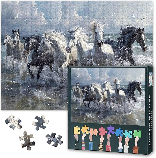 Jigsaw Puzzle 1000 Piece for Adults - Galloping Horses in Water, Dynamic Splash Art, Premium Adult Puzzles 1000 Pieces, Coolest Adult Puzzles (27.5x19.7 in)