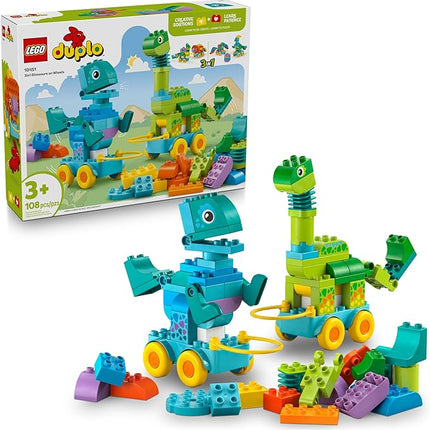 LEGO DUPLO Town 3 in 1 Dinosaurs on Wheels Learning Toy for Toddler Boys & Girls, Ages 3+ - Building & Education Play Set Teaches Problem-Solving Skills Through Play - Preschool Gift Idea - 10451