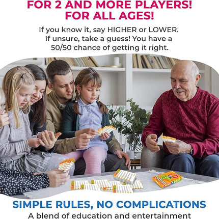 QUOKKA Trivia Board Games for Kids and Adults - Version V2.0 - Family Night Geography Games 4xSet Higher or Lower Trivia Cards | Guess Fun Questions | 2 + Players - Challenge Your Geography Knowledge