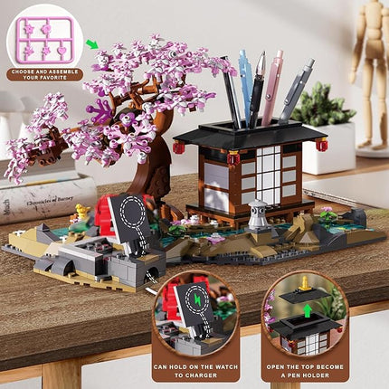 Japanese Garden Building Set, Cherry Blossom Bonsai Tree House Building Block for Adults Japanese Tranquil Garden for Home and Office Decoration Set (916 PCS)