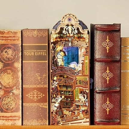Tonecheer DIY Book Nook Kit for Adults, 3D Wooden Puzzle Bookend Miniature House Kit, Booknook Bookshelf Insert Decor with Dust Cover and LED Lights Gifts (Magical Library)