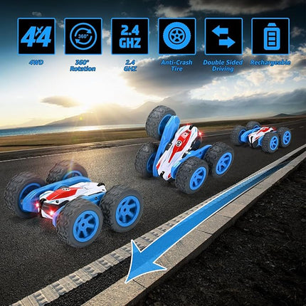 Remote Control Car, 4WD RC Cars Stunt Double Sided 360° Rotating 2 Batteries 2.4Ghz RC Truck with Headlight Birthday Gift for Boys 3 4 5 6 7 8 Year Old