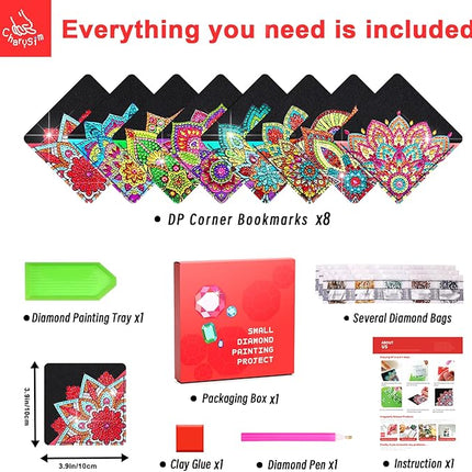 8 PC Diamond Art Corner Bookmarks Leather Book Mark Kit for Adults Paint by Dots Bookmarkers Valentines Day Diamond Art Craft DIY Gem Small Dotz Gifts for Women Mandala Flower Black Lotus