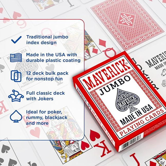 Maverick Playing Cards 12 Pack, Made in USA, Jumbo Index, Red and Blue Decks, Bulk Playing Cards for Poker, Card Games, and Family Game Night