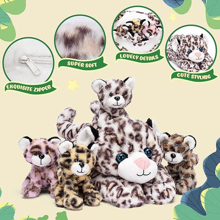 IKASA Mommy Leopard Stuffed Animal Mom and Baby Cheetah Plush Toy, Cute 18" Soft Small Mama Family Set Toys with Little Mini Babies,Gifts for Kids