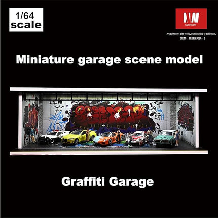 Display Case for Hot Wheels,Diorama 1/64 Scale Car Garage Model with LED Lights and Acrylic Cover, Stackable Car Parking Lot Model,Diecast Car Display Case(Graffiti Garage)