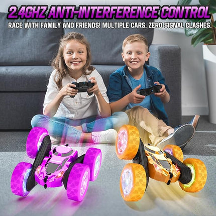 Remote Control Car for Kids Stunt RC Cars with Cool Wheel Lights Double-Sided Driving 360-degree Rotation Boys Toys for Ages 6 7 8 9 10-12 Kids Gift Ideal(Purple)