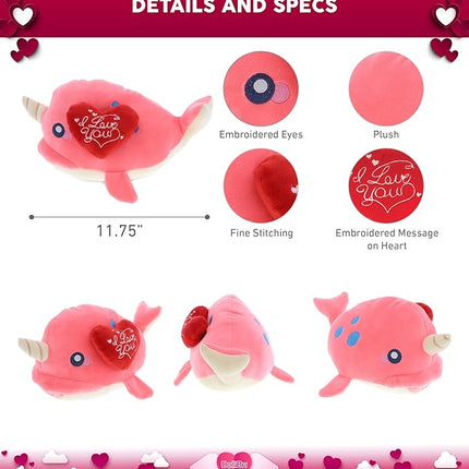 DolliBu I Love You Valentine Plush Pink Narwhal - Cute Stuffed Animal with Red Heart and Name Personalization Gift for Valentine's Day, Birthday, Anniversary - 11.75 Inches
